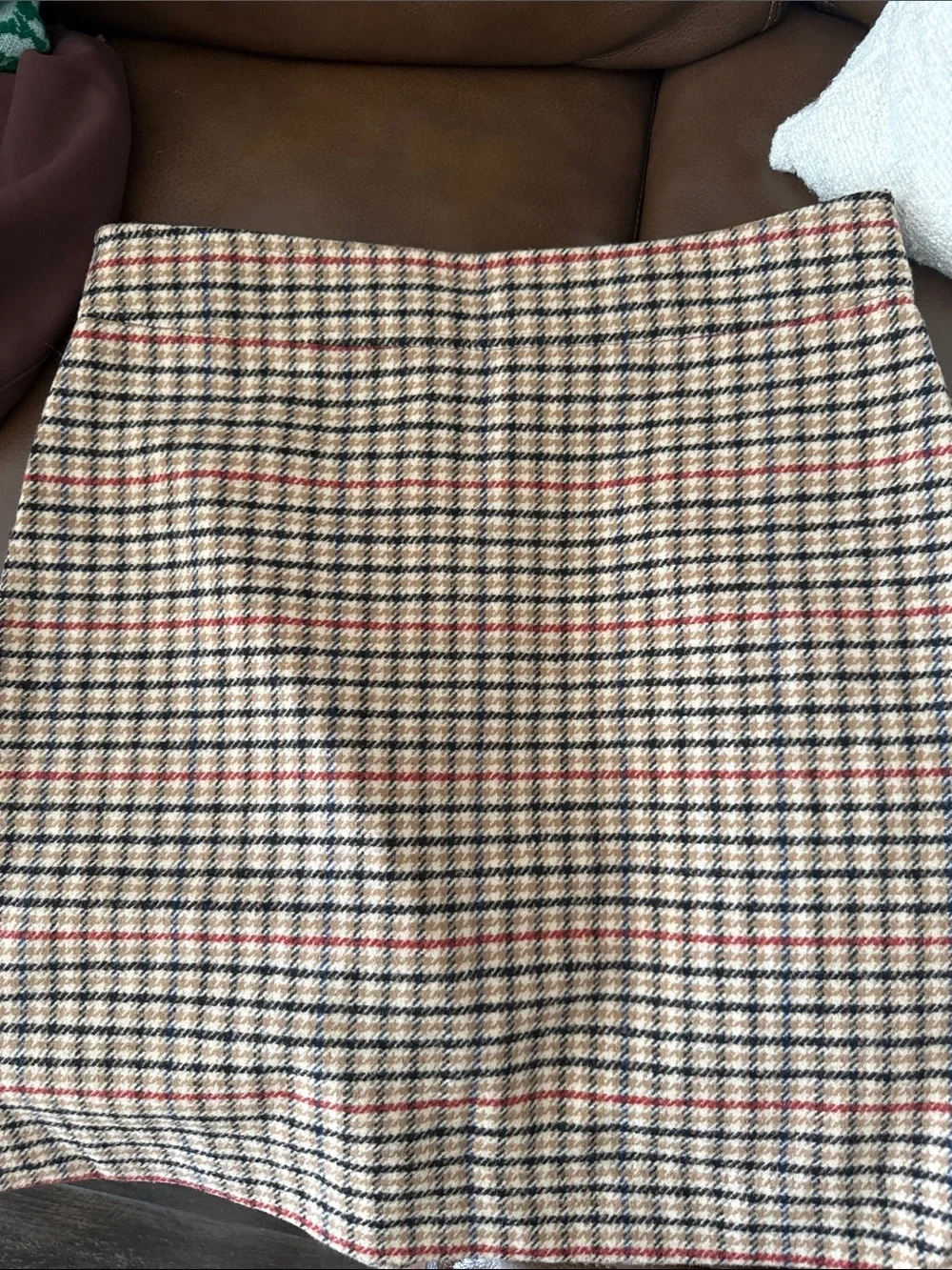 J. Crew Camel, Black & Cream Plaid Wool Skirt size 10